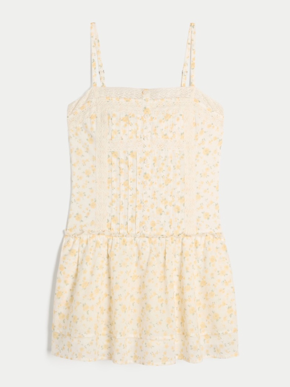NWT Hollister Yellow Lace Trim Mini Dress - Drop Waist, Pleated Floral - M Tall